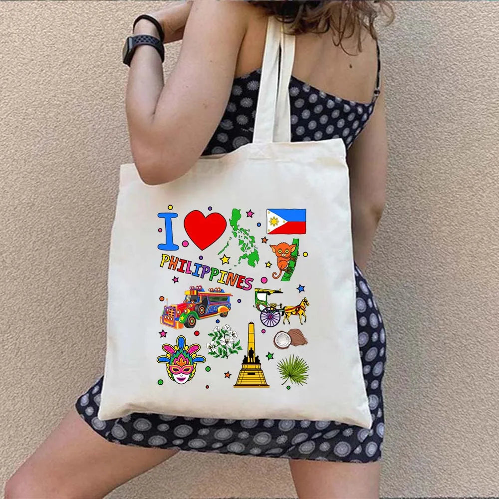 Heart Philippines Country Flag Map Coat of arms Travel Souvenir Butterfly Landmark Shoulder Shopper Canvas Tote Bag Cute Handbag