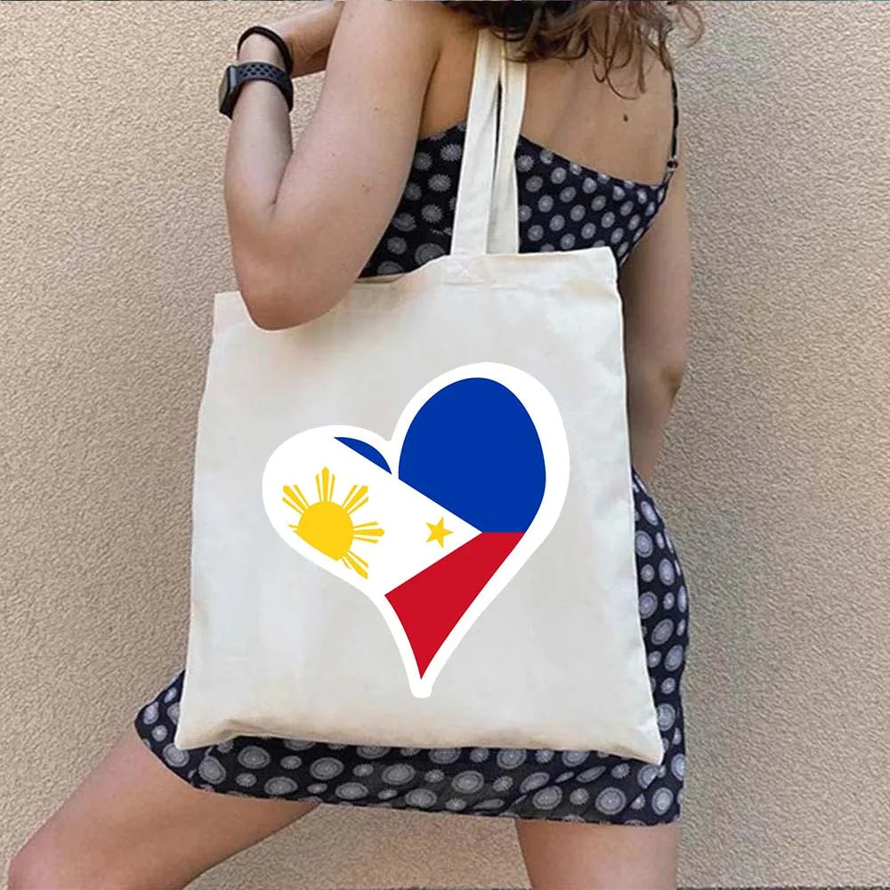 Heart Philippines Country Flag Map Coat of arms Travel Souvenir Butterfly Landmark Shoulder Shopper Canvas Tote Bag Cute Handbag