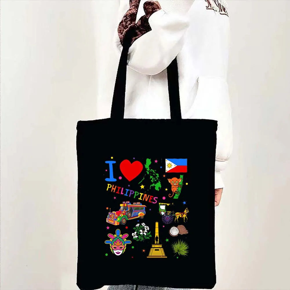 Heart Philippines Country Flag Map Coat of arms Travel Souvenir Butterfly Landmark Shoulder Shopper Canvas Tote Bag Cute Handbag