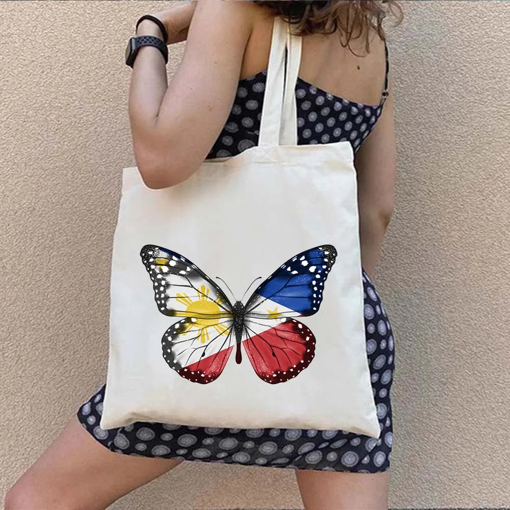 Heart Philippines Country Flag Map Coat of arms Travel Souvenir Butterfly Landmark Shoulder Shopper Canvas Tote Bag Cute Handbag