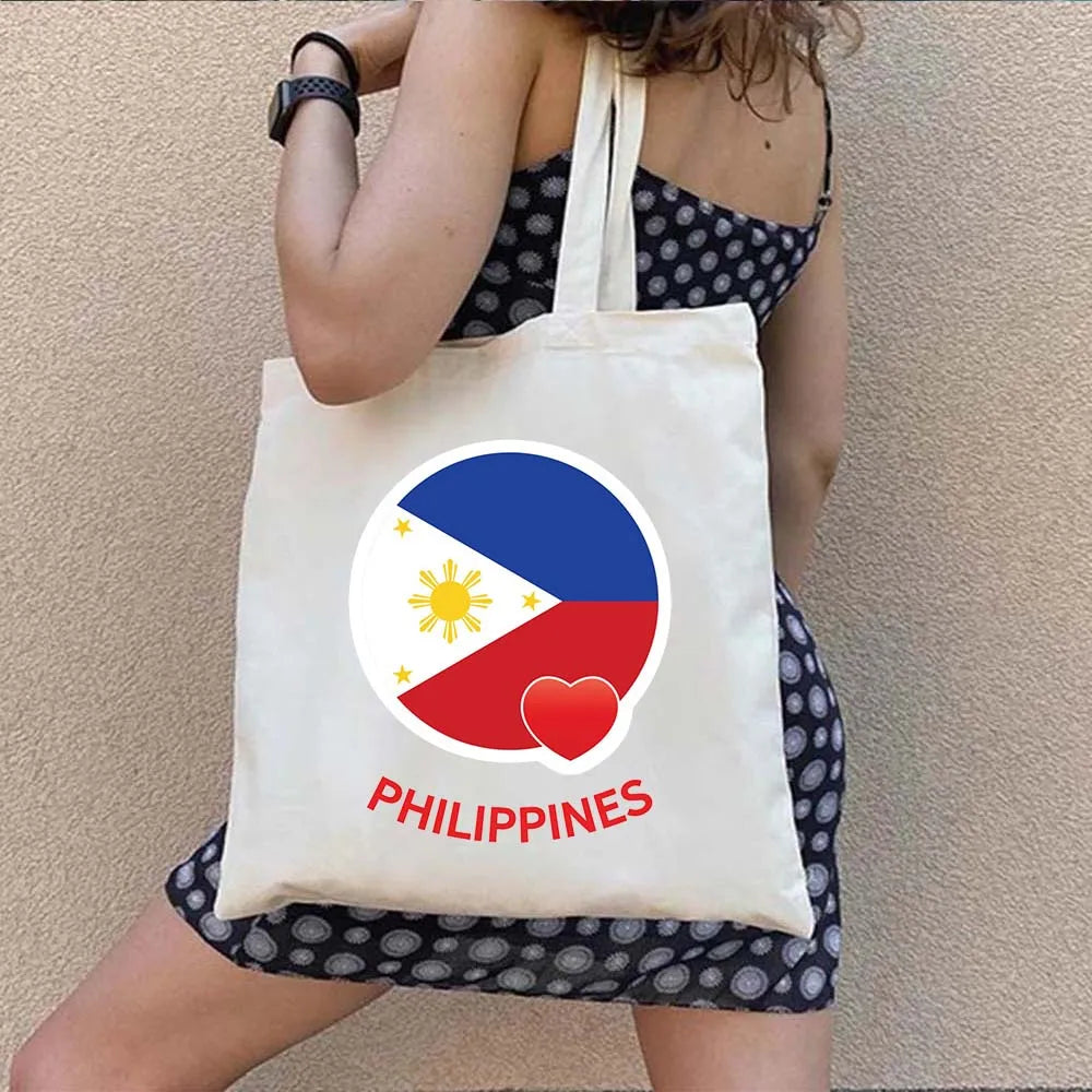 Heart Philippines Country Flag Map Coat of arms Travel Souvenir Butterfly Landmark Shoulder Shopper Canvas Tote Bag Cute Handbag